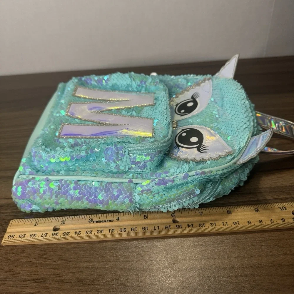 Justice MINI Owl Blue/Green Flip Sequin Initial Shimmer‎ Backpack Initial M